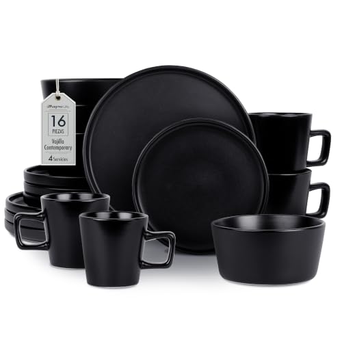MAGMALIFE Vajilla Para 4 personas Color Negro Ceramica/Stoneware Elegante y Modernos Set de 16 Pzas con 8 Platos extendidos, 4 Tazones y 4 Tazas 12oz...