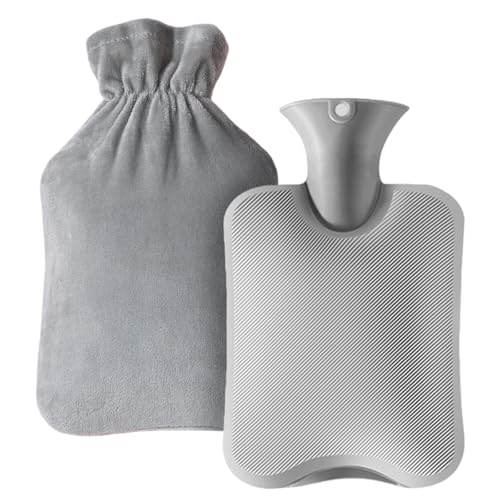 GWAWG Bolsa de agua caliente gris de 2 litros con cubierta de piel sintética, grande, acogedora, suave, a prueba de fugas, bolsa de agua caliente de goma para mujeres y hombres, invierno, manos, pies