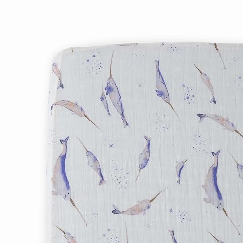 Image of Little Unicorn Narwhal Fitted Crib Sheet | 100% Cotton Muslin | Super Soft | Sized for Standard Baby Crib & Toddler Mattress | Machine Washable | 52” x 28” x 9”