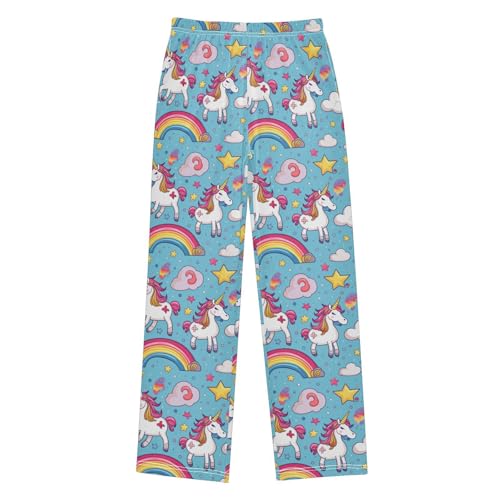 Cute Cartoon Unicorn with Stars Pajamas Bottoms with Pockets Comfy Pjs Sleepwear Elastic Waistband Pajamas Pants Lounge Pants for 6-14 Years