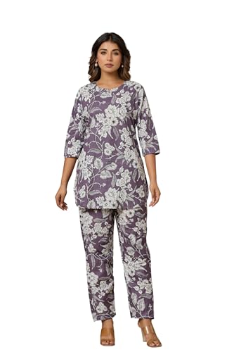 Image of Women's Pure Cotton Printed Night Suit,Top and Relaxed Pajama Set, Stylish Sleepwear