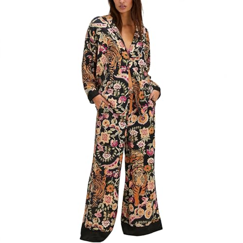 Image of Women Satin Pajama Set Floral Silk Pajamas 2 Piece Lounge Sets Button Down Shirts Wide Leg Pants Pjs Sleepwear