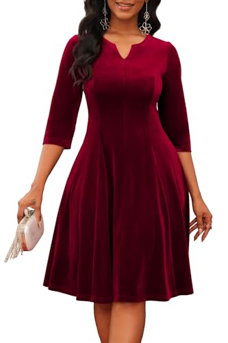 Image of Nmoder Midi Dresses for Women A-Line Fit and Flare Dress 3 /4 Sleeve V Neck Cocktail Wedding Guest Work Dress with Pockets