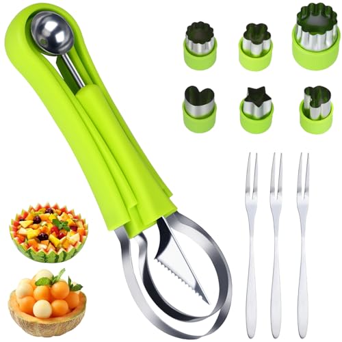 12PCS Melon Baller Scoop Set, 4-in-1 Watermelon Scooper Fruit Scooper, Fruit Cutter Shapes, Fruit Fork, Stainless Steel Carving Knife Kitchen Tools for Dig Pulp Separator Fruit Slicer