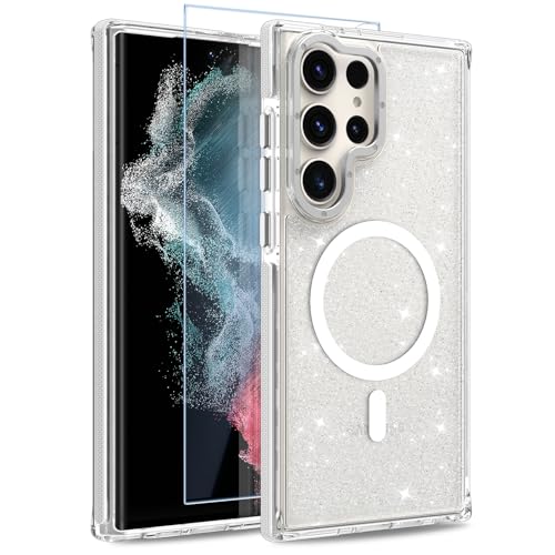 Image of Magnetic Case for Samsung Galaxy S22 Ultra [Compatible with Magsafe] [Bling Glitter Fluorescent Design] [1 Screen Protector] Slim Translucent Matte Case for Galaxy S22 Ultra 6.8 inch, White