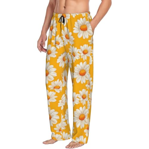 Mens Pajama Pants - Daisy White Orange Print Soft Sleep Lounge Pants For Men, Casual Pj Bottoms With Pockets