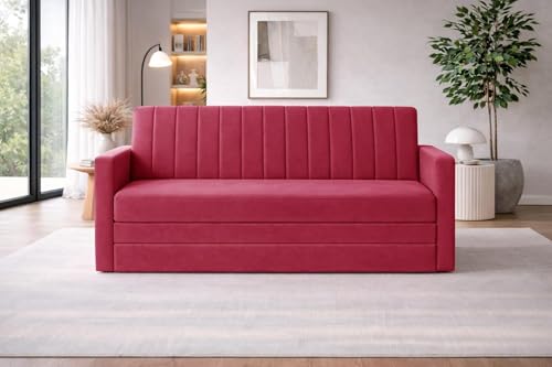 Image of Rosebell Foldable Sofa-Cum-Bed | Three-in-One Convertible Couch with Armrest | Modern Fabric Sofa for Living Room, Bedroom & Office-Red-Color