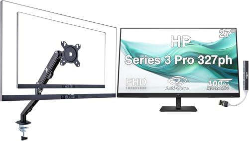 Image of HP Series 3 Pro 327ph 27 inch FHD IPS Monitor with 5ms Response Time, Anti-Glare, Flicker Free, VESA Mount (100mm), Displayport, HDMI, Black Color (B0CG8UT#ABA) w /DKZ Hub & ErgoFlexy Single Mount Arm
