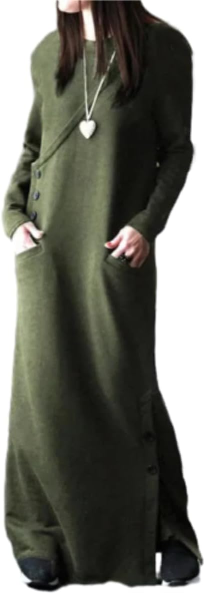 OSCORP Women's Long Sleeve Maxi Dress with Side Buttons and Pockets, Casual Loose Fit Long Dress, Fall Winter Comfy Outfit