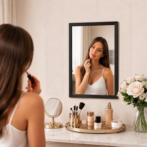 Image of Rousrie Premium Framed Glass Wall Mount Mirror, Decorative, for Bathroom, Bedroom, Living Room and Entryway, Wash Basin (14 by 20 Inch) (Solid Black)