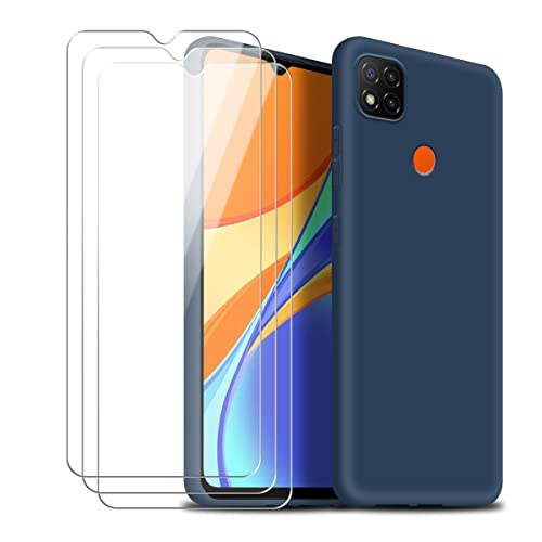 jrester Coque pour Xiaomi Redmi 10A / 9C / 9C NFC, Bleu Liquide Souple TPU Silicone Housse Étui avec Trois Film Protection d'écran en Verre Trempé pour Xiaomi Redmi 10A / 9C / 9C NFC 6,53" Cover