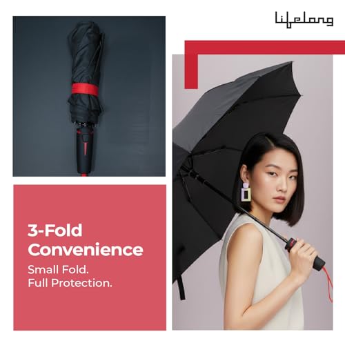 Image of Lifelong Windproof Umbrella | 3-Fold UV Protection for Rain & Sun | Auto Open & Close Waterproof Design | 23 inch Canopy with 8 Strong Ribs | Compact Travel Size for Men & Women (Black & Red)