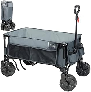 Timber Ridge Collapsible Folding Festival Wagon, Pull Along Trolley on Wheels with Adjustable Handle Cover Bag Drink Holders, Camping Outdoor Garden Picnic Shopping Beach, Grey