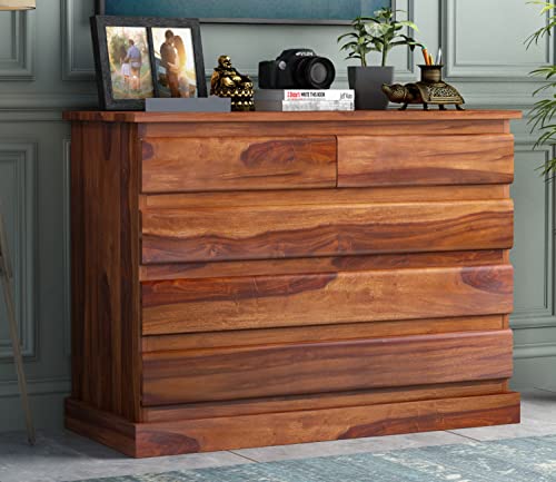 Image of Sheesham Wood Chest of Drawers 5 Drawers Wooden Dresser with Storage Organizer for Bedroom Living Room Home (Honey Finish)