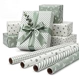 woric Sage Green Wrapping Paper 4 Rolls Gift Wrapping Paper with Stripe Polka Dot Check Beige Leaves Design...