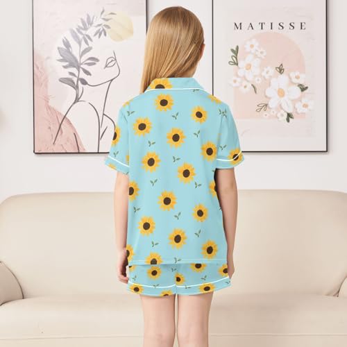 Cute Simple Sunflower Summer Satin Pajama Set, Cute Button-Down Sleepwear Pj Set for Sleep Wears4