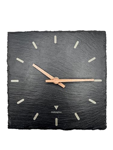 matoxplus Reloj de pared de pizarra auténtica, silencioso y cuadrado, piedra natural, 20 x 20 cm, para salón y oficina (pizarra gris oscuro, manecillas de color madera)