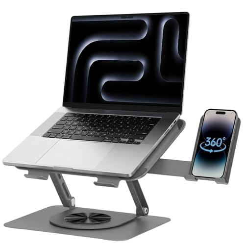 Image of Dyazo 360 2-in-1 Laptop Stand with Detachable Mobile Holder | Multi Adjustable Height & Angle, Foldable Metal Design with Cooling Vents | Compatible for MacBook, HP, Dell, Acer, Lenovo & More (Grey)