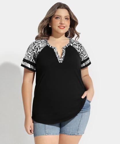 Image of CARCOS Plus Size Tops for Women Short Sleeve Summer Pullover Color Block Crewneck /V Neck Tee Tunic Loose Fit Tshirts XL-5XL