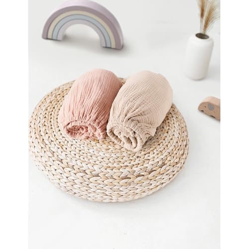 Image of MairMore Muslin Bassinet Sheets for Babies - Soft & Breathable 100% Cotton Fitted Sheets for Oval, Rectangle, Hourglass Bassinet Mattress Pads, 2-Pack (Ivory & Pink)