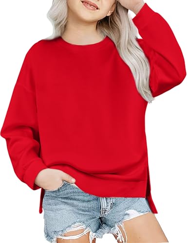 Image of Arshiner Girls Crewneck Sweatshirt Long Sleeve Pullover Tops Drop Shoulder Sweatshirts Side Split