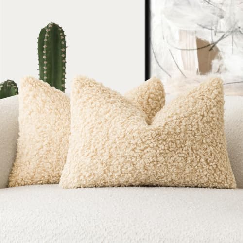 Image of Foindtower Set of 2 Curly Teddy Wool Pillow Covers Decorative Boucle Textured Lumbar Throw Pillow Faux Fur Sherpa Pillowcases Sheepskin Fuzzy Cushion Case for Sofa Bedroom Car 12 inchx20 inch Light Yellow