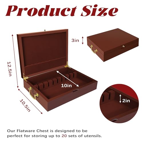 Silverware Storage Box Solid Wood with Lid, Silverware Organizer with Handle and Felt Lined, Silverware Storage Chest for Flatware and Utensils Home Decor Gift, Chest for Flatware Setting Up 15