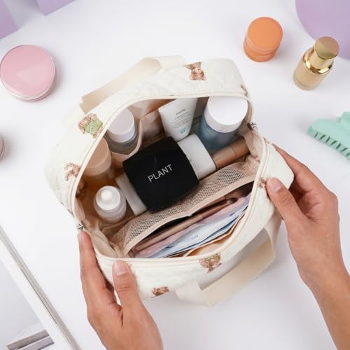 Image of MAYCREATE Large Quilted Makeup Bag Floral Cotton Travel Cosmetic Organizer with Handle for Daily Use and Trips