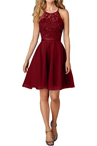 Charmant Damen Kurz Abendkleider Ballkleider mit Spitze Festlich Kleider Mini Promkleider Jugendweihe kleid-38 Weinrot Cover