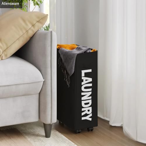 Image of Aliensware Laundry Basket Foldable with Wheels & Side Handle, Washing Clothes Storage Basket, Oxford Cloth Bin, Toy Storage Organizer,Movable Solution,Portable Laundry Bag,Collapsible Hamper-Black