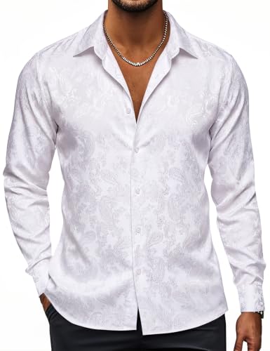 Image of Hi-Tie Men's Silk Satin Shirts Long Sleeve Button Up 70s Shiny Disco Shirt | Mens Satin Silk Shirt, Shiny Luxury Retro Party Prom Wedding Shirt, Nightclub Costume Dress Shirts, 70s Disco Shirt for Men
