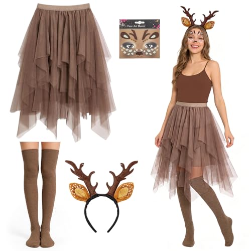 beifon Reh Kostüm Damen Faschingskostüme Rentier Karneval Kostüm Bambi Rehkostüm Rock mit Geweih Haarreifen Tierkostüm Karnevalskostüme Erwachsene für Karneval Cosplay (braun L)