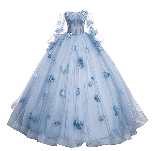 2023 Flower Applique Quinceanera Dresses Long Sleeve Ball Gown Prom Dress