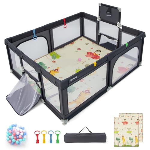 INFANS Baby Playpen, 74” x 62” Extra Large Baby Play Yard with Crawling Mat, 50 Ocean Balls, 4 Pill Up Rings, Basketball Hoop and 2 Football Gates, Activity Center for Toddler (Dark Gray)