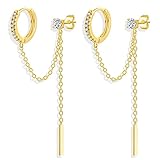 Pendientes de doble piercing de plata de ley 925 chapados en oro de 14 quilates, aretes colgantes para cartílago, hélice, aretes de cadena para adolescentes, cobre, circonita cúbica