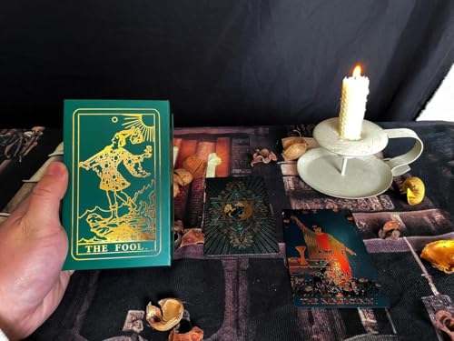 Image of AYME Green Gold foil Tarot Cards Game with Guide Book, 78 Cards Tarot Deck for Beginners and Professional Player with Box Tarot PVC Durable Waterproof Wrinkle Resistant