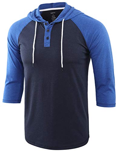 Vetemin Mens Vintage 3 4 Sleeve Tagless Outdoor Running Baseball Hoodie T Shirt Navy Heather Blue L