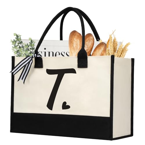 shenee Initial Canvas Tote Bag, Personalized Beach Jute Bag Present for Women Holiday, Friends Birthday Gift, Beach, Wedding (Letter T)