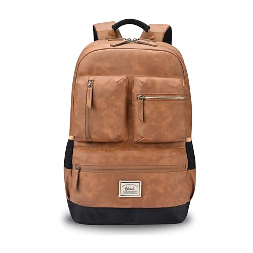 Image of Gear Vintage Boxy 18 inch /26L Medium Faux Leather Water Resistant Laptop Backpack /Casual Bag /Daypack /College Backpack /Travel Backpack For Men /Women (Tan - Navy)