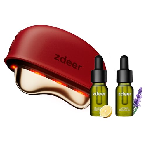 ZDEER Electric Gua Sha Facial Care Set – Heated Brass Face & Neck Massager with Red Light Therapy & Soothing Vibration, Includes 2 × 10ml Massage Oils for Face & Body Care