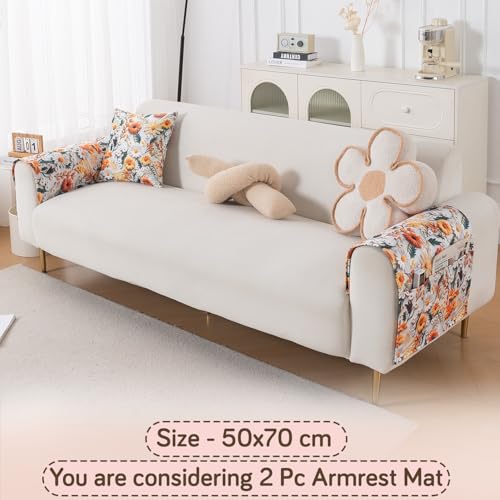 Image of HOKIPO 'Nature Muse' Premium HD Printed Holland Velvet Sofa Armrest Covers with Pockets | 1 Pair | Marigold Bloom (IN-921-L-D7*2)