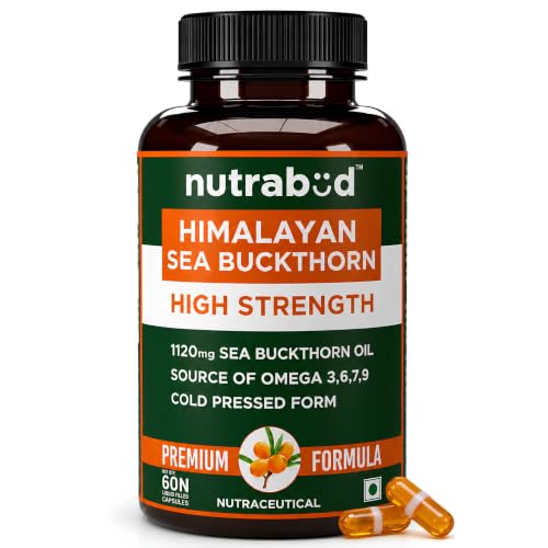 Image of Nutrabud Himalayan Sea Buckthorn Berry Oil -1120mg per serving - Cold-Pressed Vegetarian Omega 3,6,7,9 Oil for Skin Glow, Immunity & Gut Health Supplement (60 Count (Pack of 1), Unflavoured)