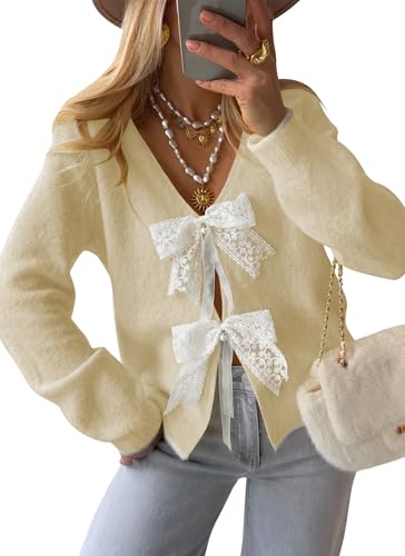 Image of Cakulo Womens Bow Tie Sweater V Neck Cardigan Sweaters 2026 Lightweight Spring Fashion Knit Cardigans Outfits