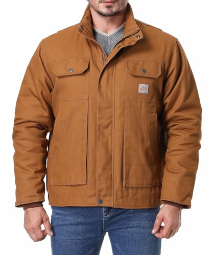 TUAOVA Men's Quilted Flannel Lined Work Coat Long-Lasting Loose Casual Jacket Waterproof Workwear(Khaki,L)