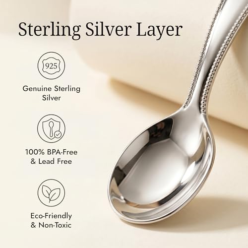 Image of Beaded 925 Sterling Silver Baby Feeding Spoon | food grade, engravable, gift boxed, baby shower, christening