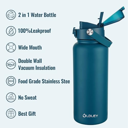 Image of OLDLEY 32oz Insulated Water Bottle with 2-in-1 Straw & Chug Lid, Leakproof Stainless Steel Bottle, Double Wall Vacuum Insulated Water Bottle for Sports, Gym, Travel,Emerald Green