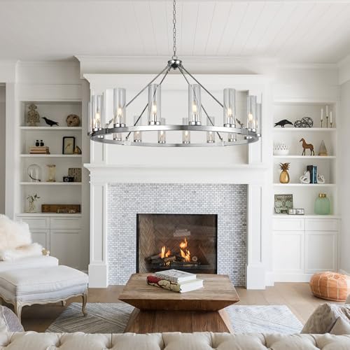 Image of 16 Light Large Wagon Wheel Chandelier with Clear Glass Shade Chrome Round Pendant Light Farmhouse Industrial Chandeliers Dining Room Light Fixture for Stair Living Room Foyer Kitchen