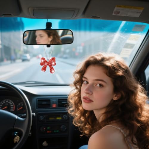 Norkmdi Bling Car Rear View Mirror Hanging Ornament, Crystal Rhinestone Cute Bow Vehicle Rearview Mirror Pendant for Women Girl, Auto Interior Decor Accessories, Universal Fit (Red)
