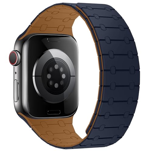 ZZDZZ Compatible with Apple Watch Band 49mm 46mm 45mm 44mm 42mm 41mm 40mm 38mm, Silicone Magnetic Adjustable Loop Strap for iWatch Ultra 3/2/1 SE3 Series 11 10 9 8 7 6-1 (42/41/40/38, Indigo/Brown) by ZZDZZ - Used condition - Image 2