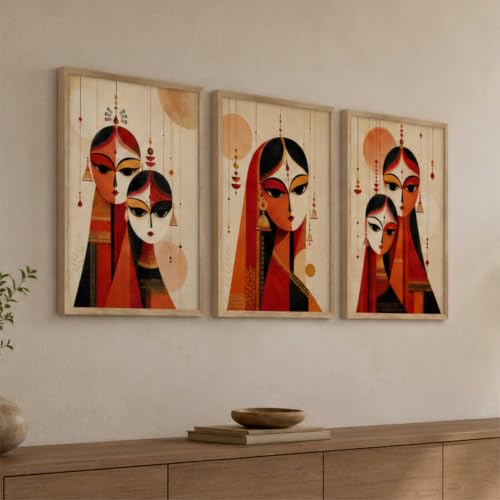 Image of Livin'luxe Set of 3 Traditional Indian Women Wall Paintings for Living Room Bedroom Home Decor with Premium Wooden Color Synthetic Frame (13.5 x 19.5 Inch) NM03-64